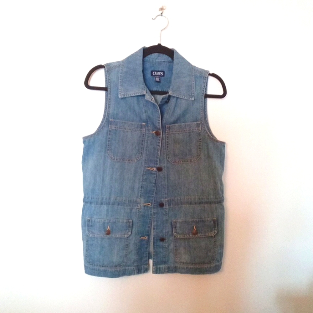 CHAPS Vintage Oversized Light Wash Denim Utility Vest with Cinch Waist XS Plus